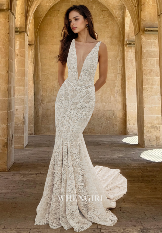 Sexy Deep V-Neck Straps Mermaid Fully Appliques Lace Boho Wedding Bridal Gowns with Train