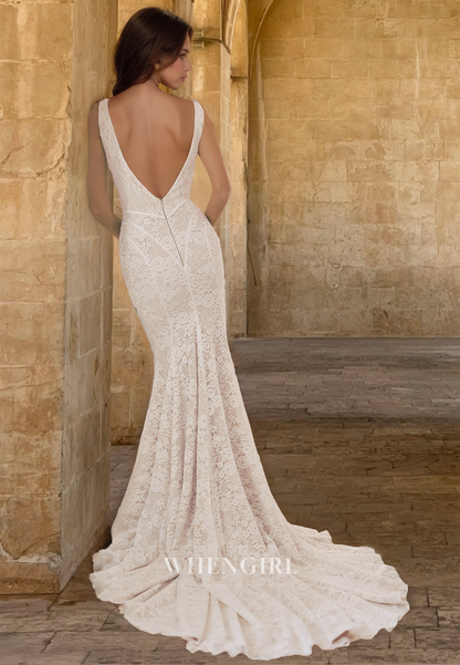 Sexy Deep V-Neck Straps Mermaid Fully Appliques Lace Boho Wedding Bridal Gowns with Train