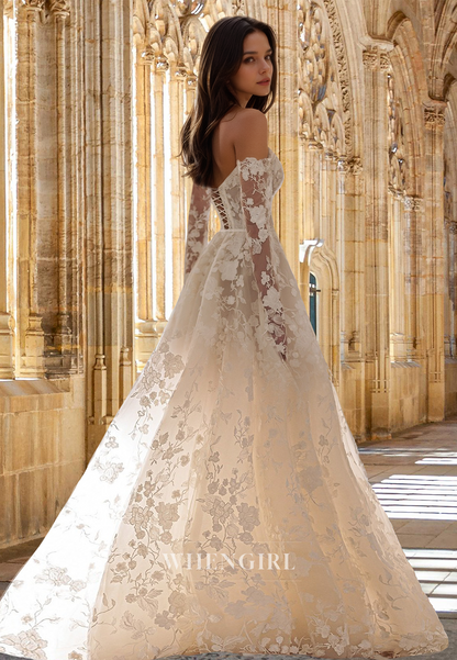 Luxurious Long Sleeves A-Line Sweetheart Sweep Train Lace Wedding Dress with Fully Appliques