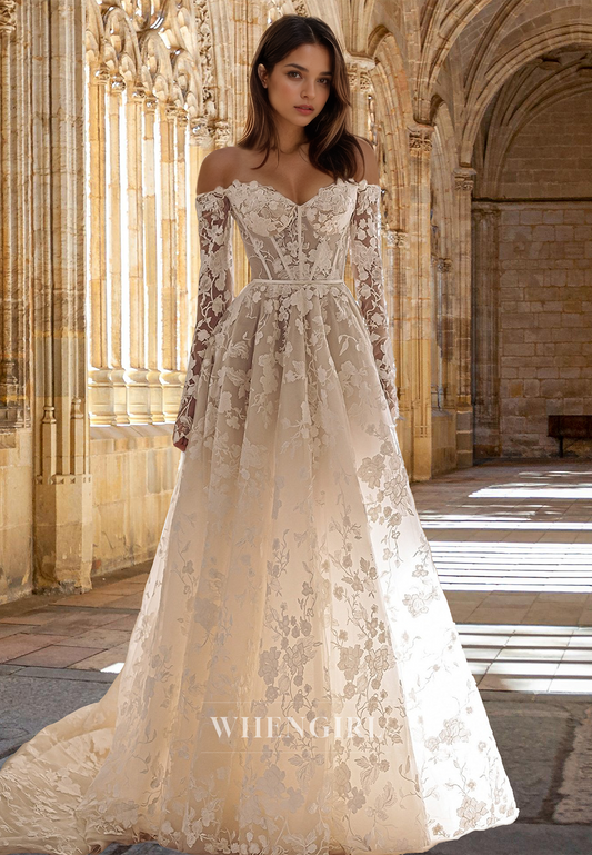 Luxurious Long Sleeves A-Line Sweetheart Sweep Train Lace Wedding Dress with Fully Appliques