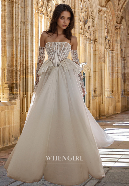 Glamorous A-Line Strapless Long Sleeves Pleated Tulle Beach Gowns Boho Wedding Dress with Appliques