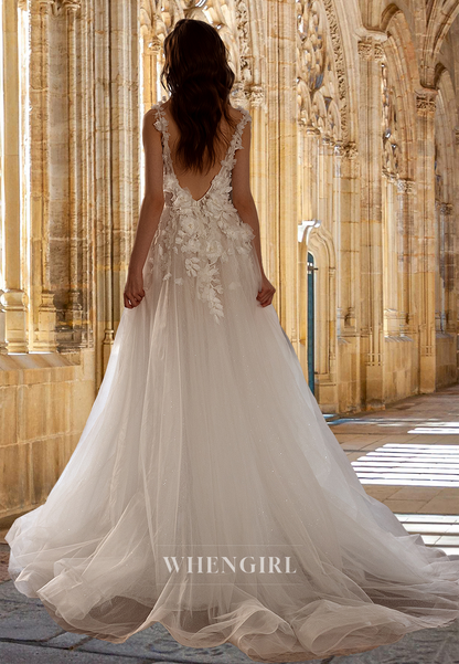 Deep V-Neck Straps A-Line Sweep Train Floral Lace Pleated Beach Wedding Dress with Beads