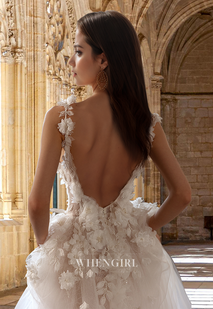 Deep V-Neck Straps A-Line Sweep Train Floral Lace Pleated Beach Wedding Dress with Beads