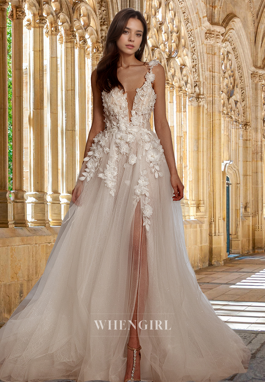 Deep V-Neck Straps A-Line Sweep Train Floral Lace Pleated Beach Wedding Dress with Beads