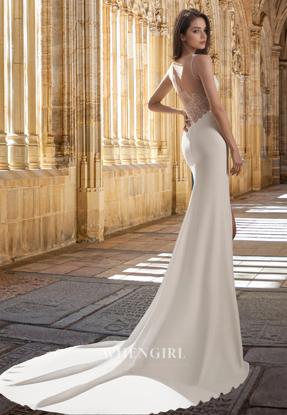 Elegant V-Neck Straps Sleeveless Sheath Satin Appliques Wedding Dress Boho Gowns with Slit