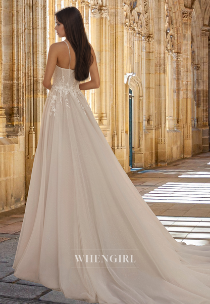 Romantic Sweetheart Straps A-Line High Slit Pleats Lace Wedding Dress with Appliques Bridal Gowns