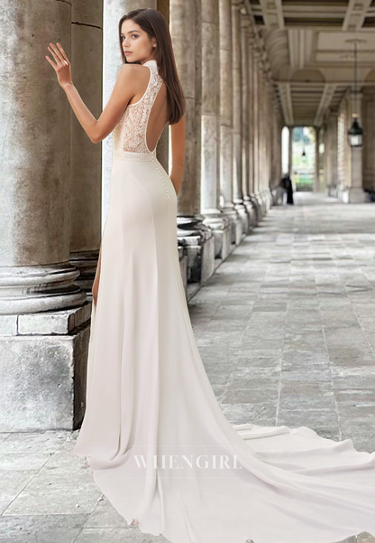 Graceful High Neck Sleeveless Fitted Satin Appliques Boho Wedding Dress Bridal Gown with Train