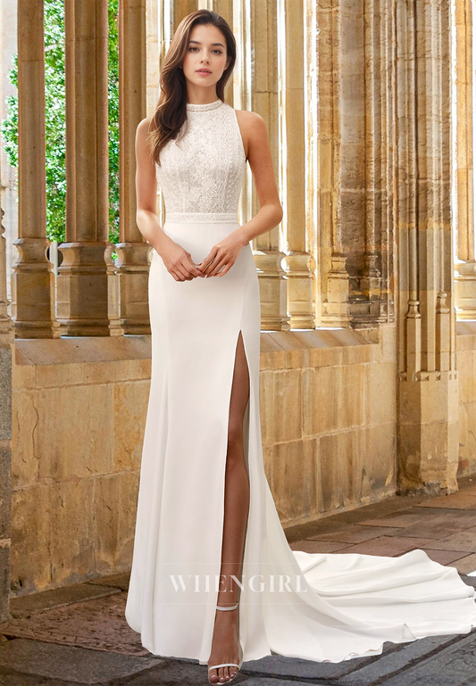 Graceful High Neck Sleeveless Fitted Satin Appliques Boho Wedding Dress Bridal Gown with Train