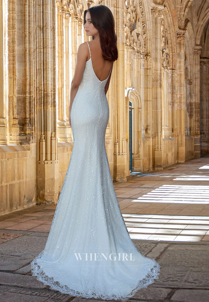 Beaded Spaghetti Straps Square Neck Sheath Side Slit Sequin Wedding Dress with Train Boho Gowns