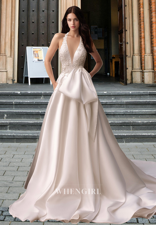 Halter V-Neck A-Line Sleeveless Brush Train Appliques Satin Wedding Bridal Gowns with Pockets