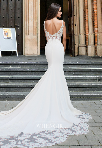 Distinctive V-Neck Straps Mermaid Sweep Train Satin Wedding Dress Bridal Gowns with Applique