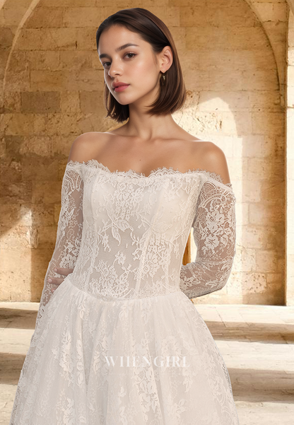 Romantic Tube Top A-Line Long Sleeves Lace Beach Wedding Dress Boho Gown with Appliques