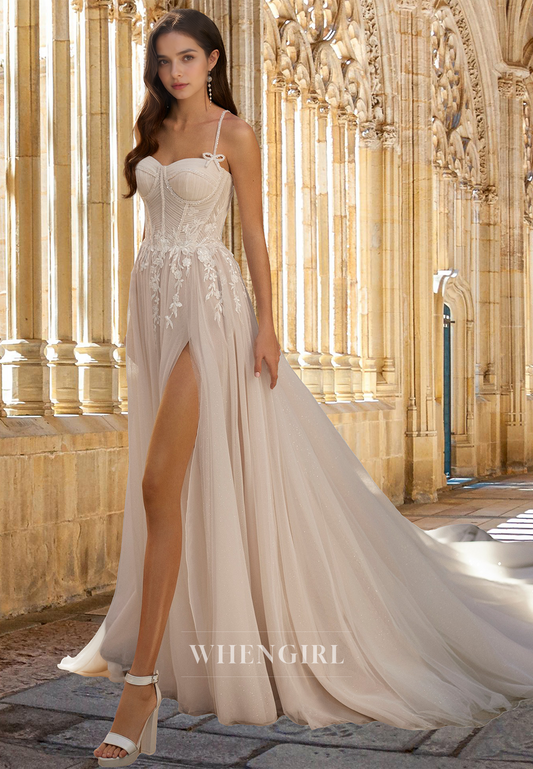 Romantic Sweetheart Straps A-Line High Slit Pleats Lace Wedding Dress with Appliques Bridal Gowns