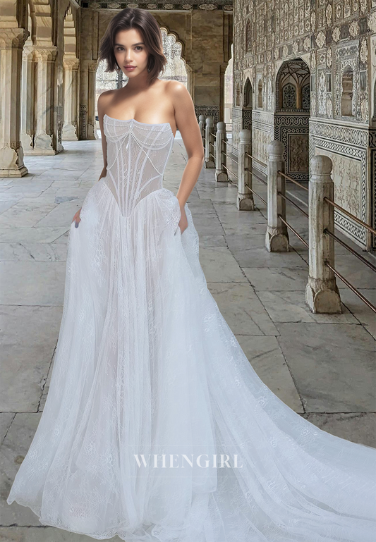 Romantic Tube Top A-Line Sleeveless Beaded Lace Beach Wedding Dress Boho Gowns with Appliques