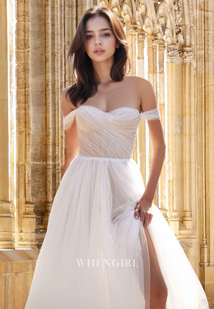 Bohemian Off-Shoulder A-Line Sleeveless Long Lace Beach Wedding Dress with Slit