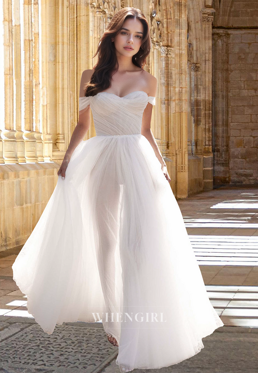 Bohemian Off-Shoulder A-Line Sleeveless Long Lace Beach Wedding Dress with Slit
