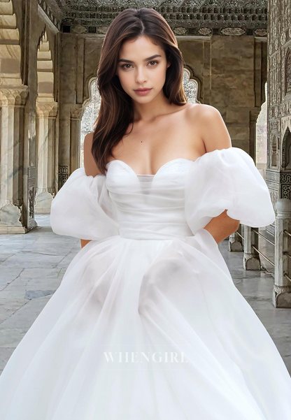 Elegant A-Line Sweetheart Puff Sleeves Pleated Lace Wedding Dress Boho Gown with Train