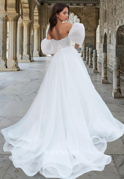 Elegant A-Line Sweetheart Puff Sleeves Pleated Lace Wedding Dress Boho Gown with Train