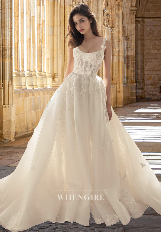 Vintage Scoop Neck A-Line Straps Court Train Appliques Tulle Wedding Dress with Beads