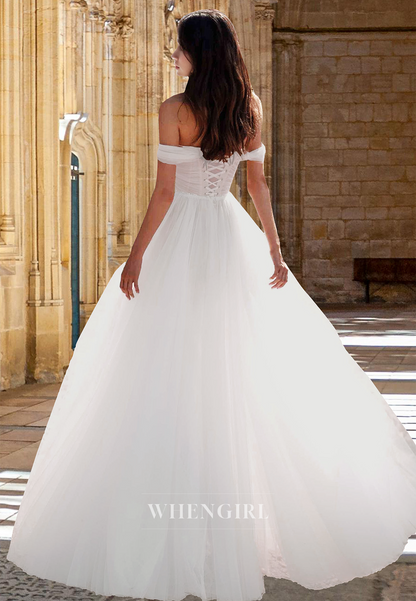 Bohemian Off-Shoulder A-Line Sleeveless Long Lace Beach Wedding Dress with Slit