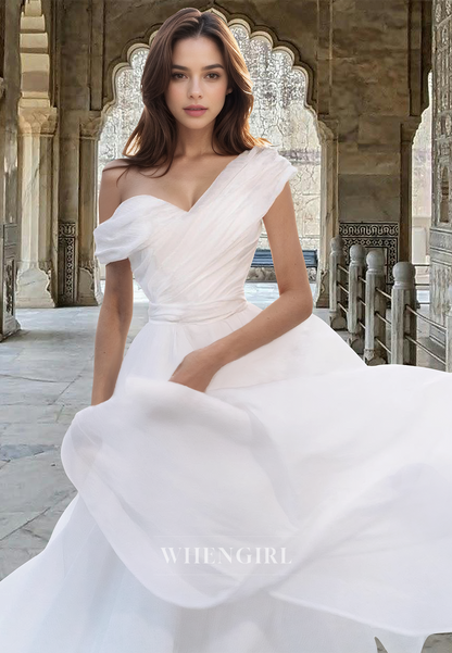 Simple One Shoulder A-Line Sleeveless Pleated Lace Boho Gown Long Beach Wedding Dress
