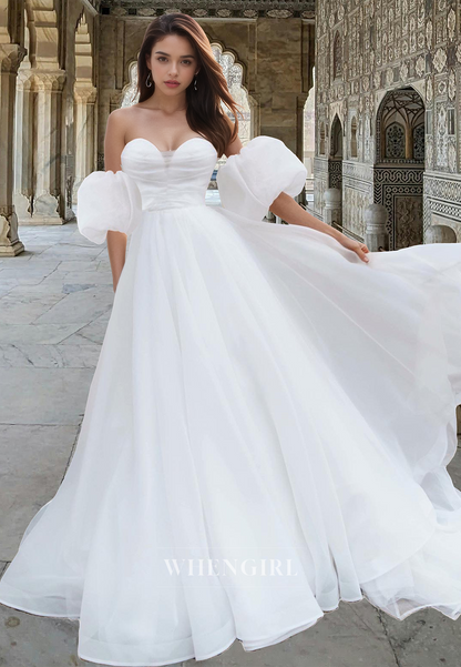 Elegant A-Line Sweetheart Puff Sleeves Pleated Lace Wedding Dress Boho Gown with Train