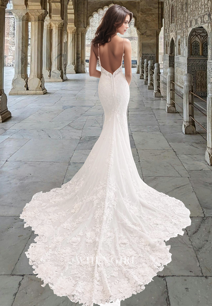 Romantic Spaghetti Straps V-Neck Mermaid Lace Wedding Dress Bridal Gown with Appliques