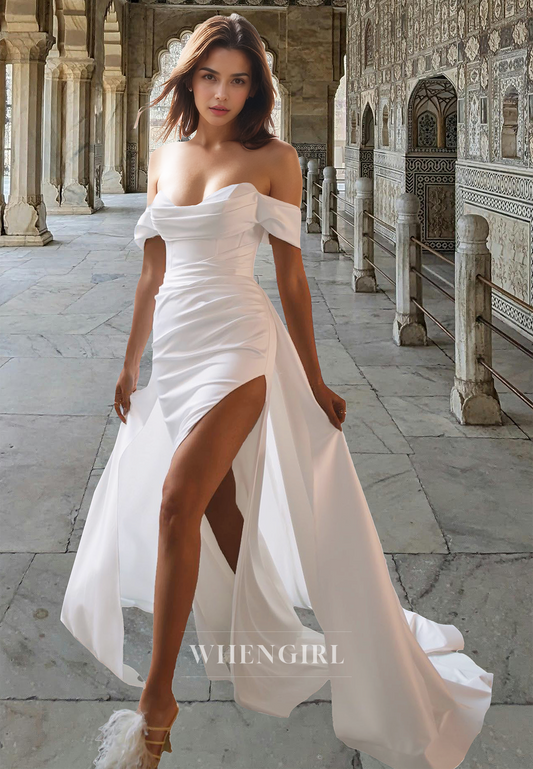 Charming Sweetheart Sheath Sleeveless Side Slit Pleated Satin Bridal Gowns with Overskirt