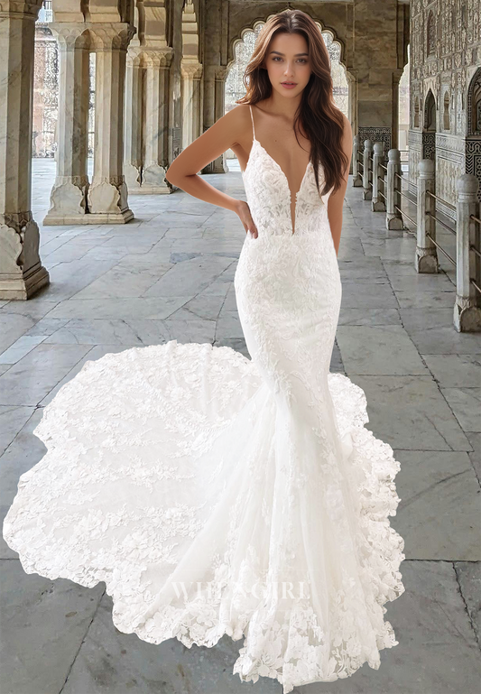 Romantic Spaghetti Straps V-Neck Mermaid Lace Wedding Dress Bridal Gown with Appliques