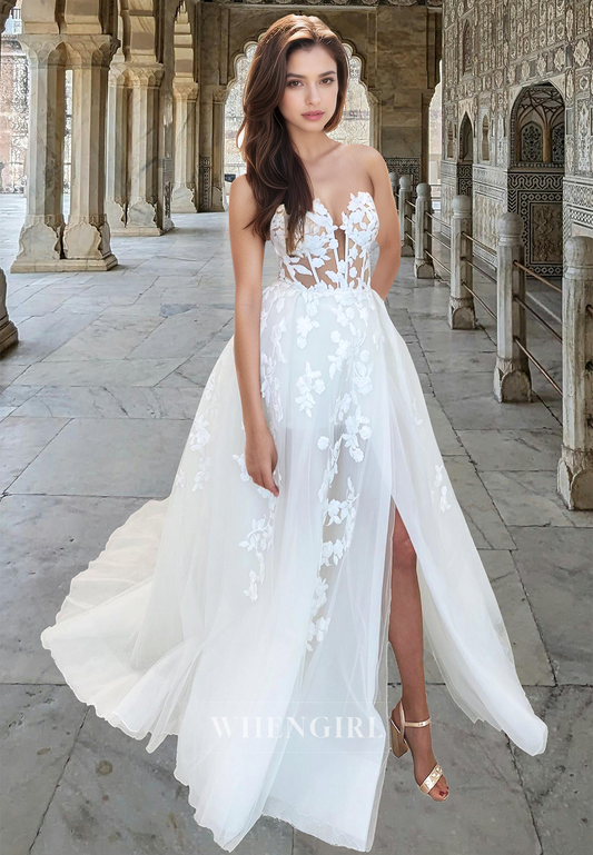 Bohemian Fully Appliques Sweetheart A-Line Lace Beach Wedding Dress with Train