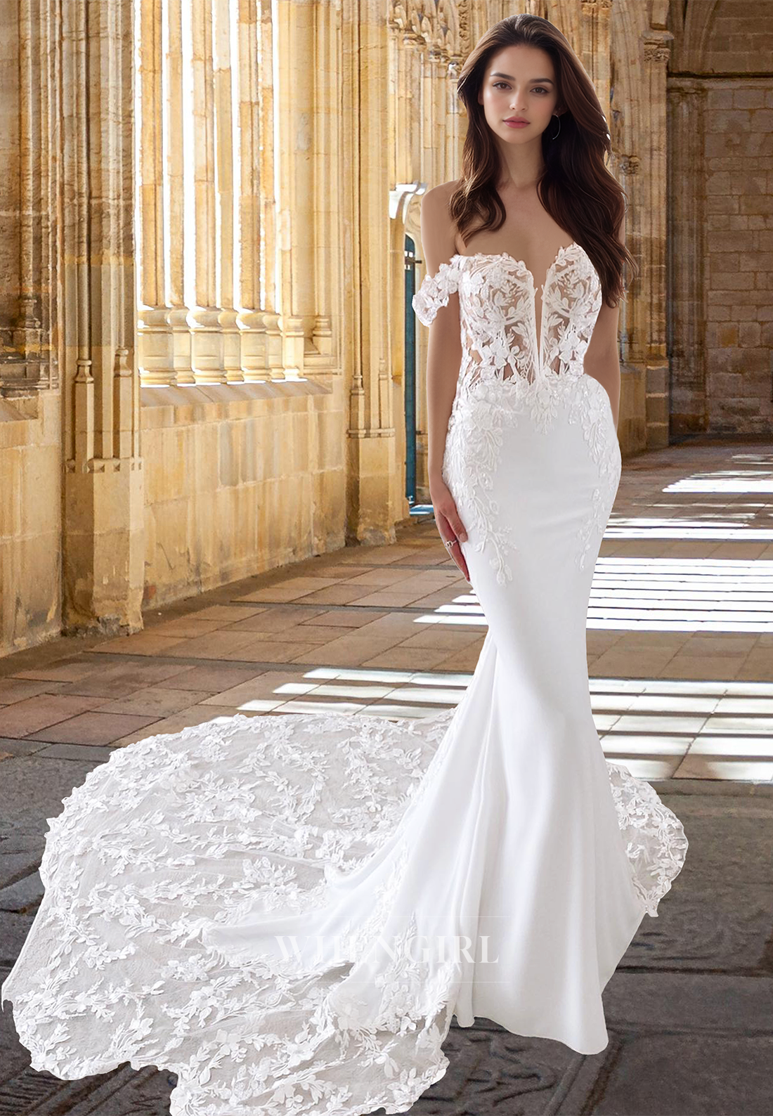 Graceful Off-Shoulder Mermaid Appliques Beaded Wedding Dress with Trai WhenGirl Graceful Off-Shoulder Mermaid Appliques Beaded Wedding Dress with Trai WhenGirl