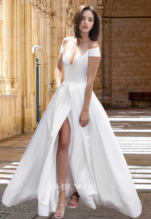 Classic A-Line V-Neck Sleeveless Satin Pleats Long Wedding Dress Boho Gowns with Slit