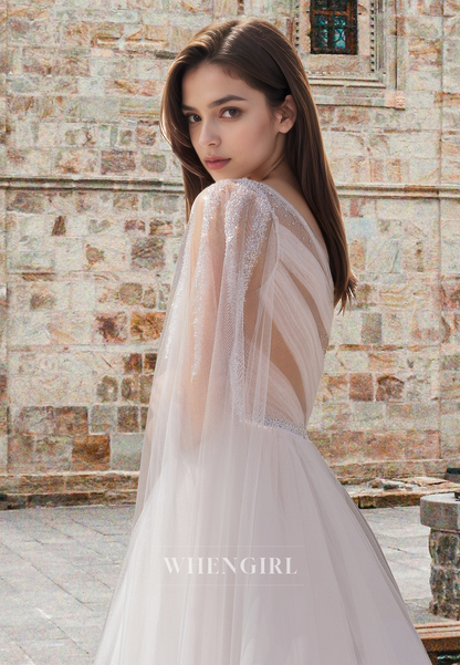 Beaded A-Line One Shoulder Pleats Lace Beach Gowns Bridal Wedding Dress with Train