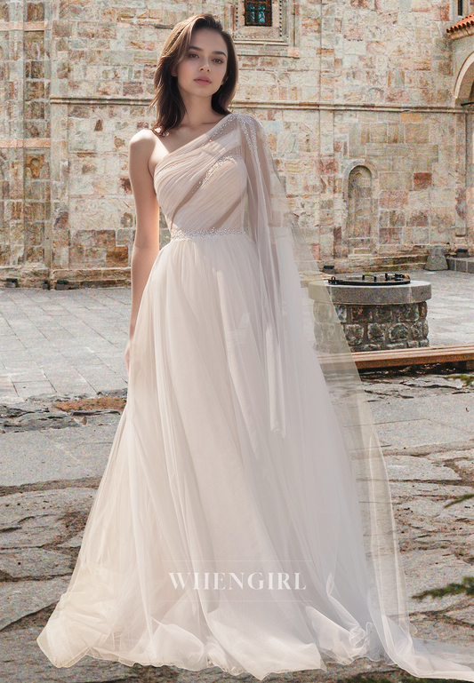 Beaded A-Line One Shoulder Pleats Lace Beach Gowns Bridal Wedding Dress with Train