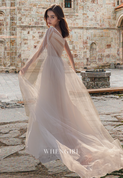Beaded A-Line One Shoulder Pleats Lace Beach Gowns Bridal Wedding Dress with Train