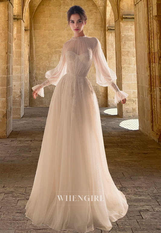 Glamorous Long Sleeves A-Line High Neck Lace Wedding Dress Boho Gowns with Appliques