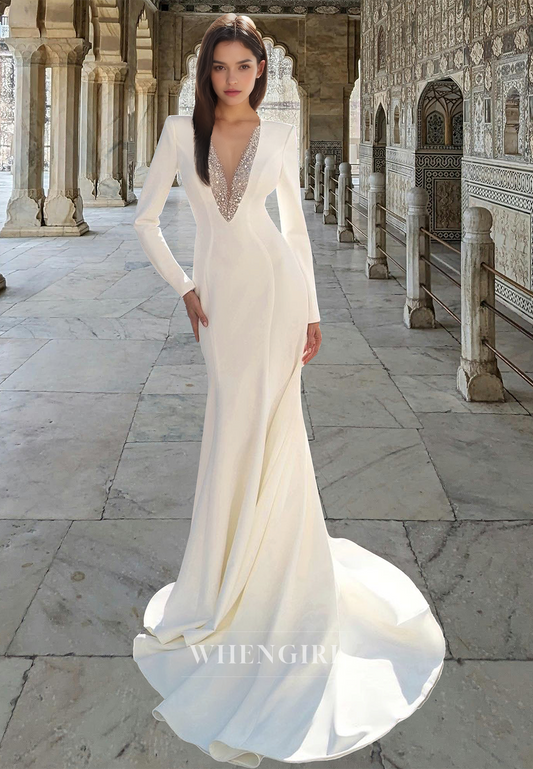 Distinctive Long Sleeves V-Neck Mermaid Satin Beaded Bridal Gown with Train Wedding Dress