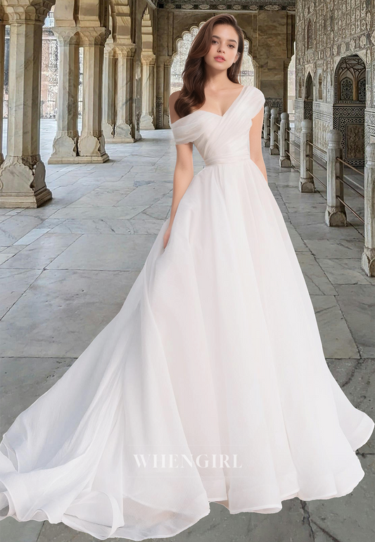 Simple One Shoulder A-Line Sleeveless Pleated Lace Boho Gown Long Beach Wedding Dress