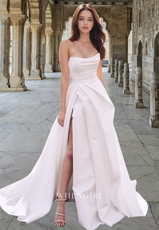 Elegant A-Line Tube Top Sleeveless Ruched Satin Beach Wedding Dress Boho Gown with Slit