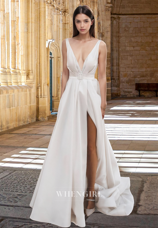 Elegant A-Line V-Neck Straps Pleated Satin Beach Wedding Dress Boho Gown with Slit