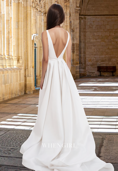 Elegant A-Line V-Neck Straps Pleated Satin Beach Wedding Dress Boho Gown with Slit