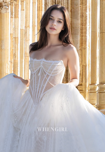 Romantic Tube Top A-Line Sleeveless Beaded Lace Beach Wedding Dress Boho Gowns with Appliques