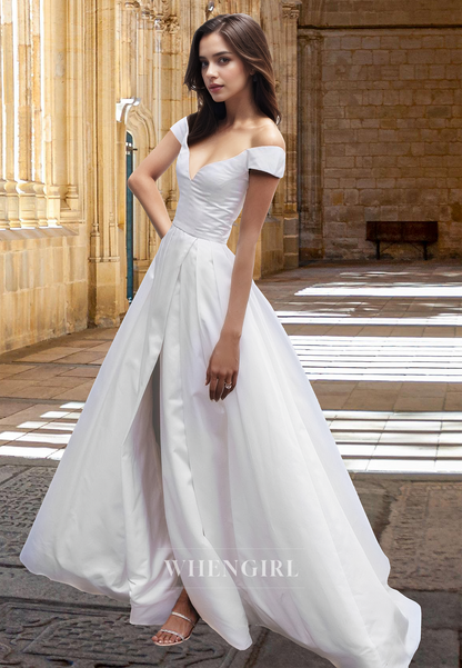 Classic A-Line V-Neck Sleeveless Satin Pleats Long Wedding Dress Boho Gowns with Slit