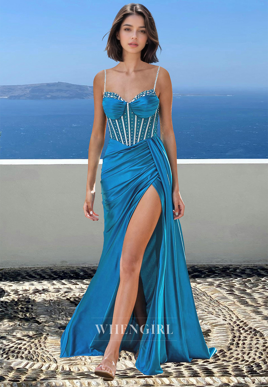 Beaded Sweetheart Empire Waist Sleeveless Pleated Satin Party Prom Dress with High Slit