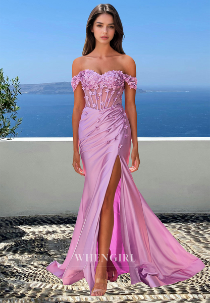 Graceful Off-Shoulder Sweetheart Fitted Satin Evening Party Dress with Floral
