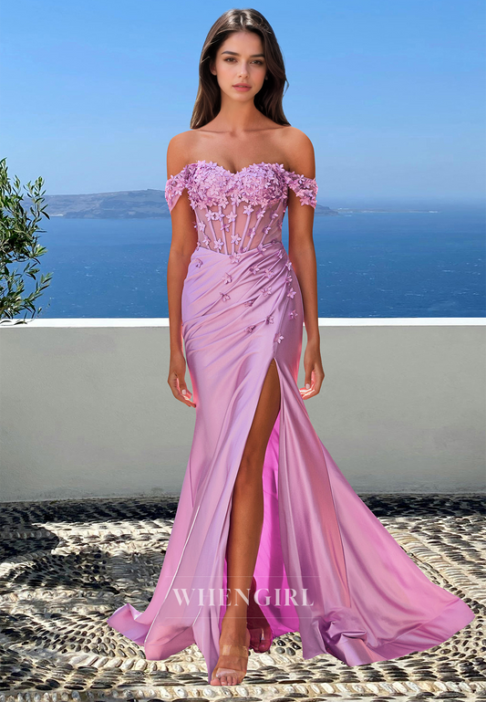 Graceful Off-Shoulder Sweetheart Fitted Satin Evening Party Dress with Floral