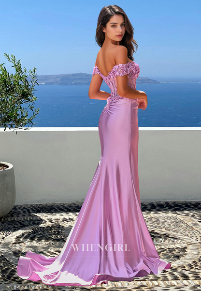 Graceful Off-Shoulder Sweetheart Fitted Satin Evening Party Dress with Floral