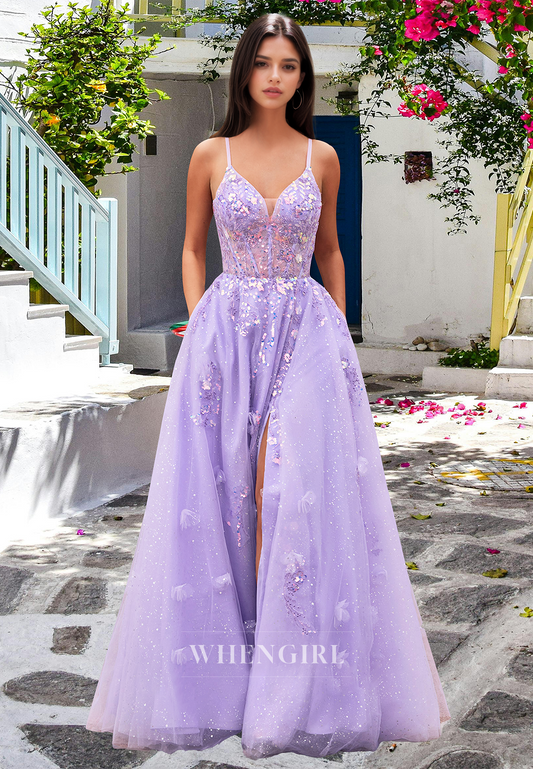 Classic Sweetheart Lace-Up Appliques A-Line High Slit Lace Prom Evening Dress