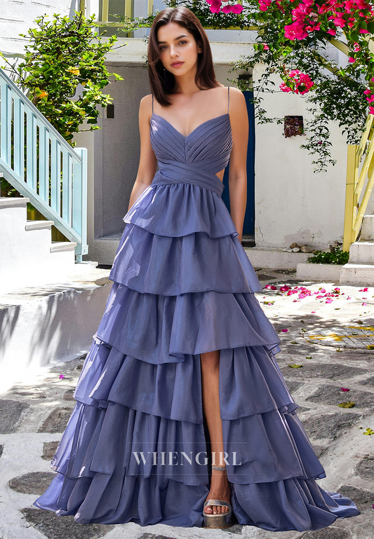 Elegant A-Line V-Neck Straps Lace-Up Tiered Ball Gowns with Slit Party Prom Dress