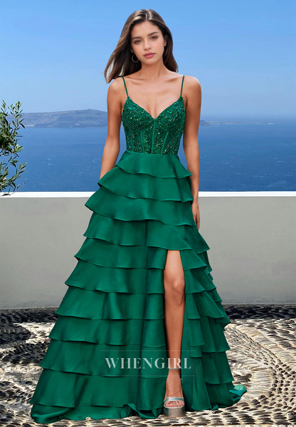 Vintage Spaghetti Straps A-Line Prom Dress V-Neck Tiered Ball Gown with Applique
